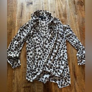 Forever 21 Animal Print leopard long sleeve button up cold shoulder blouse top